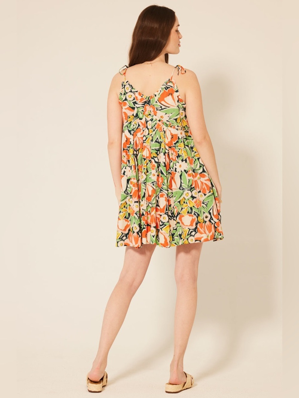 Patrons of Peace Malibu Floral Dress Orange Green Tie Shoulder Boho Mini EUC - Picture 4 of 7